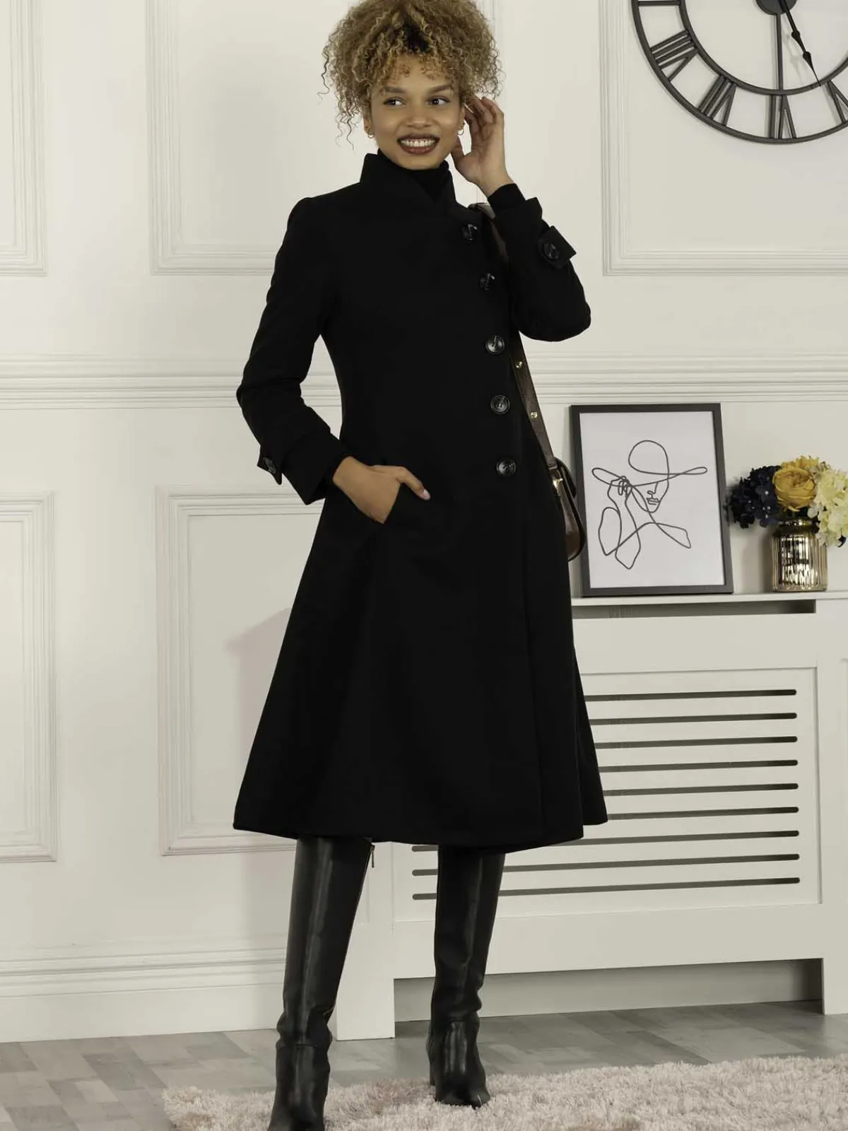 Jolie Moi Coats & Jackets-Caroline Asymmetric Button Coat, Black