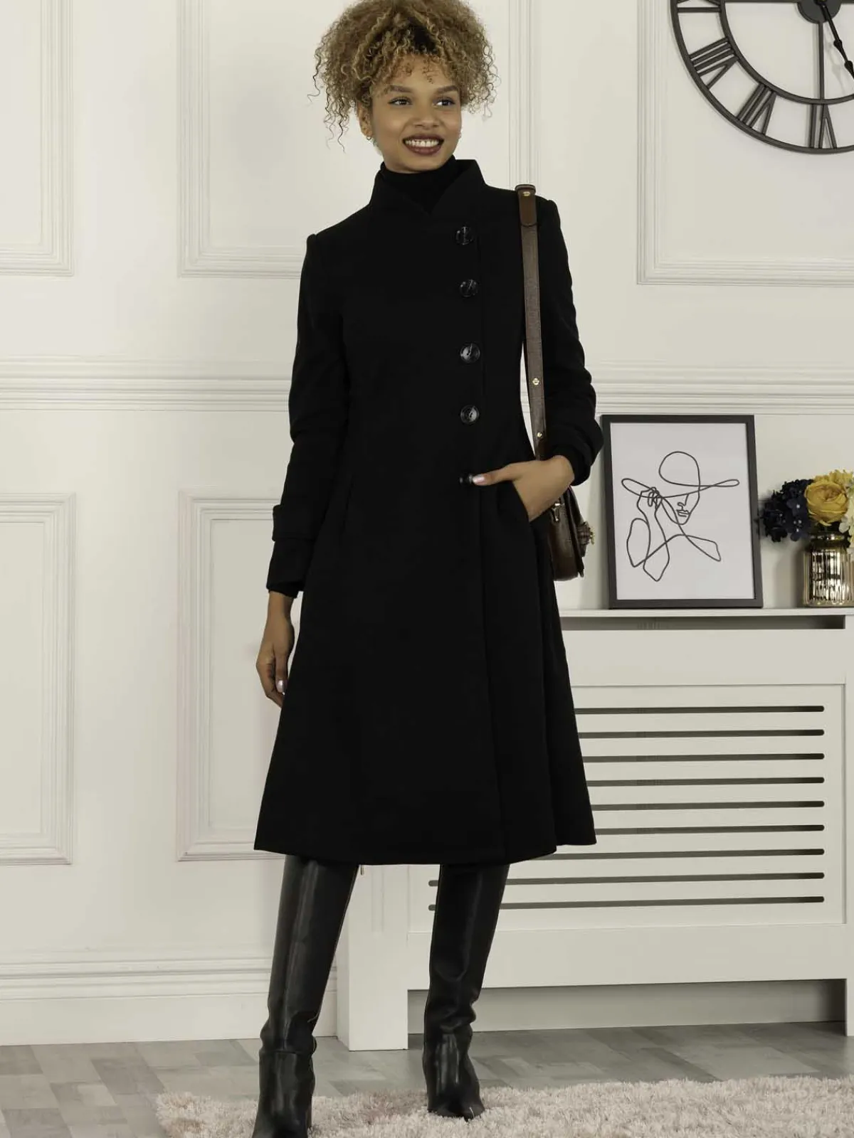 Jolie Moi Coats & Jackets-Caroline Asymmetric Button Coat, Black