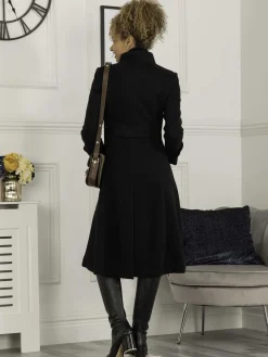 Jolie Moi Coats & Jackets-Caroline Asymmetric Button Coat, Black