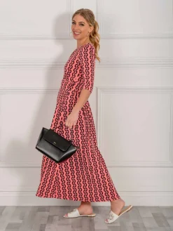 Jolie Moi Occasion Dresses|Jersey Dresses-Cierra 3/4 Sleeve Maxi Dress, Coral Pink