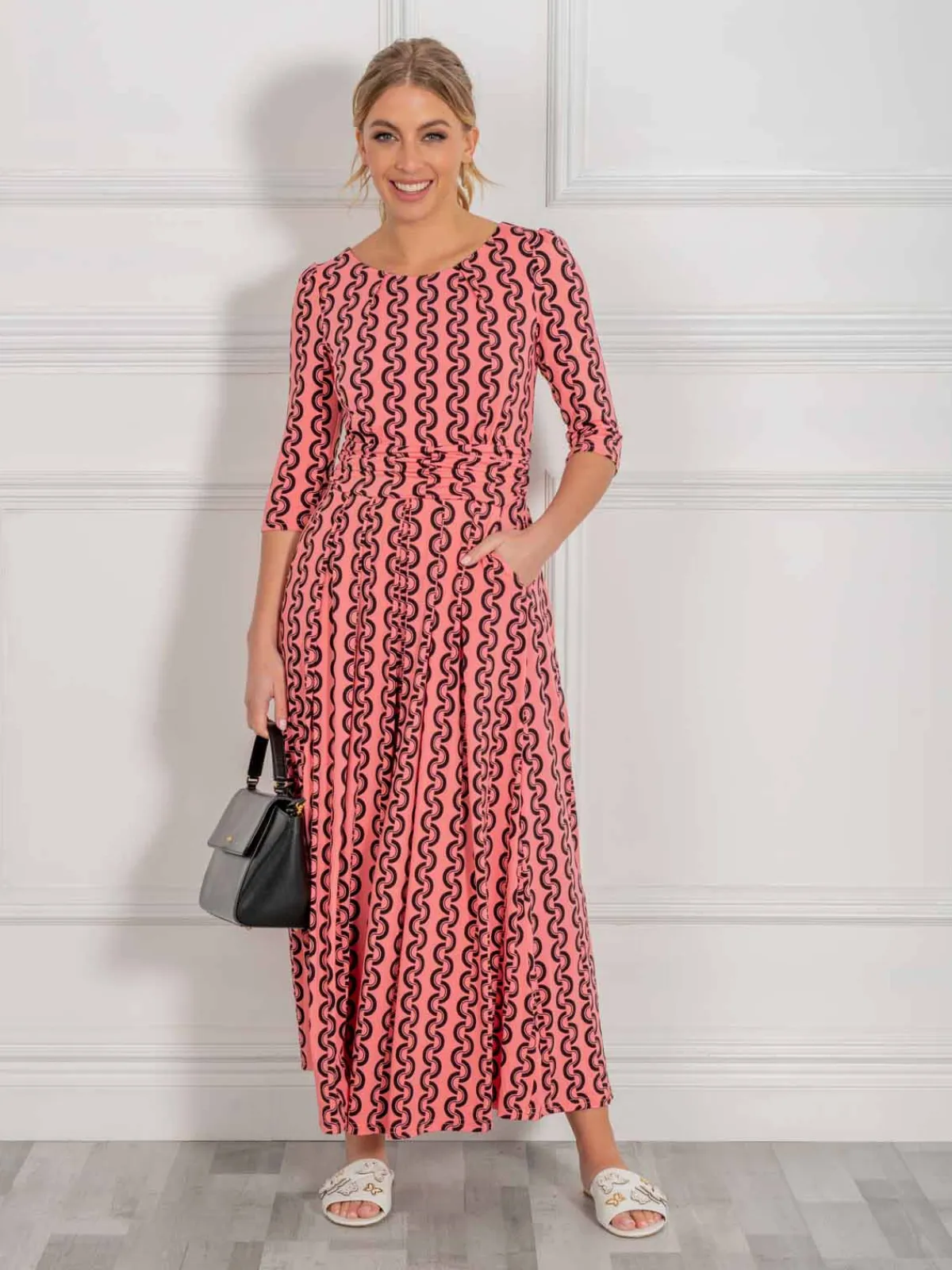 Jolie Moi Occasion Dresses|Jersey Dresses-Cierra 3/4 Sleeve Maxi Dress, Coral Pink
