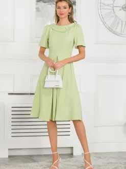 Jolie Moi Occasion Dresses|Mother Of The Bride-Debora Button Neck Dress, Citrus Green