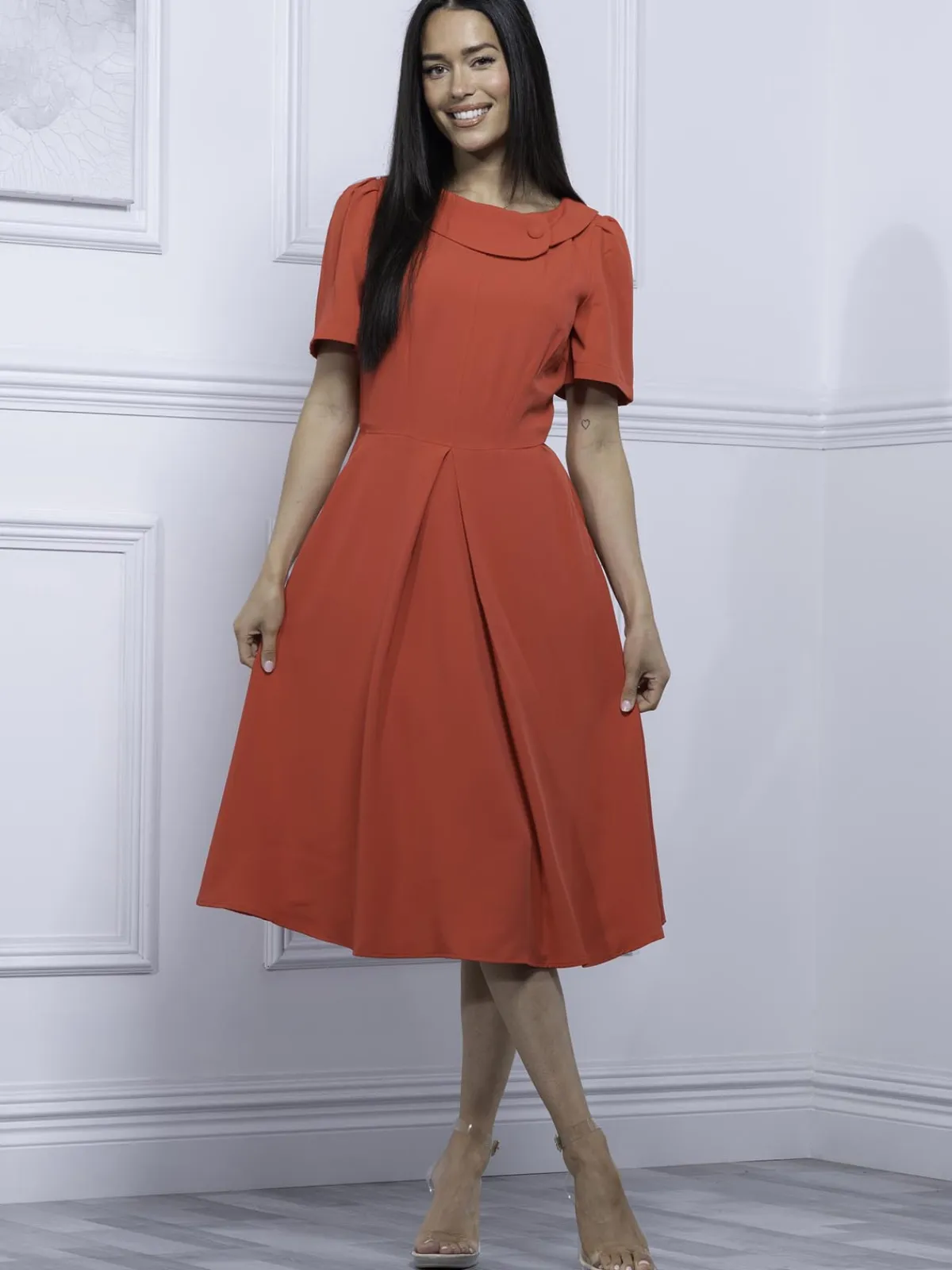 Jolie Moi Occasion Dresses-Debora Button Neck Dress, Red