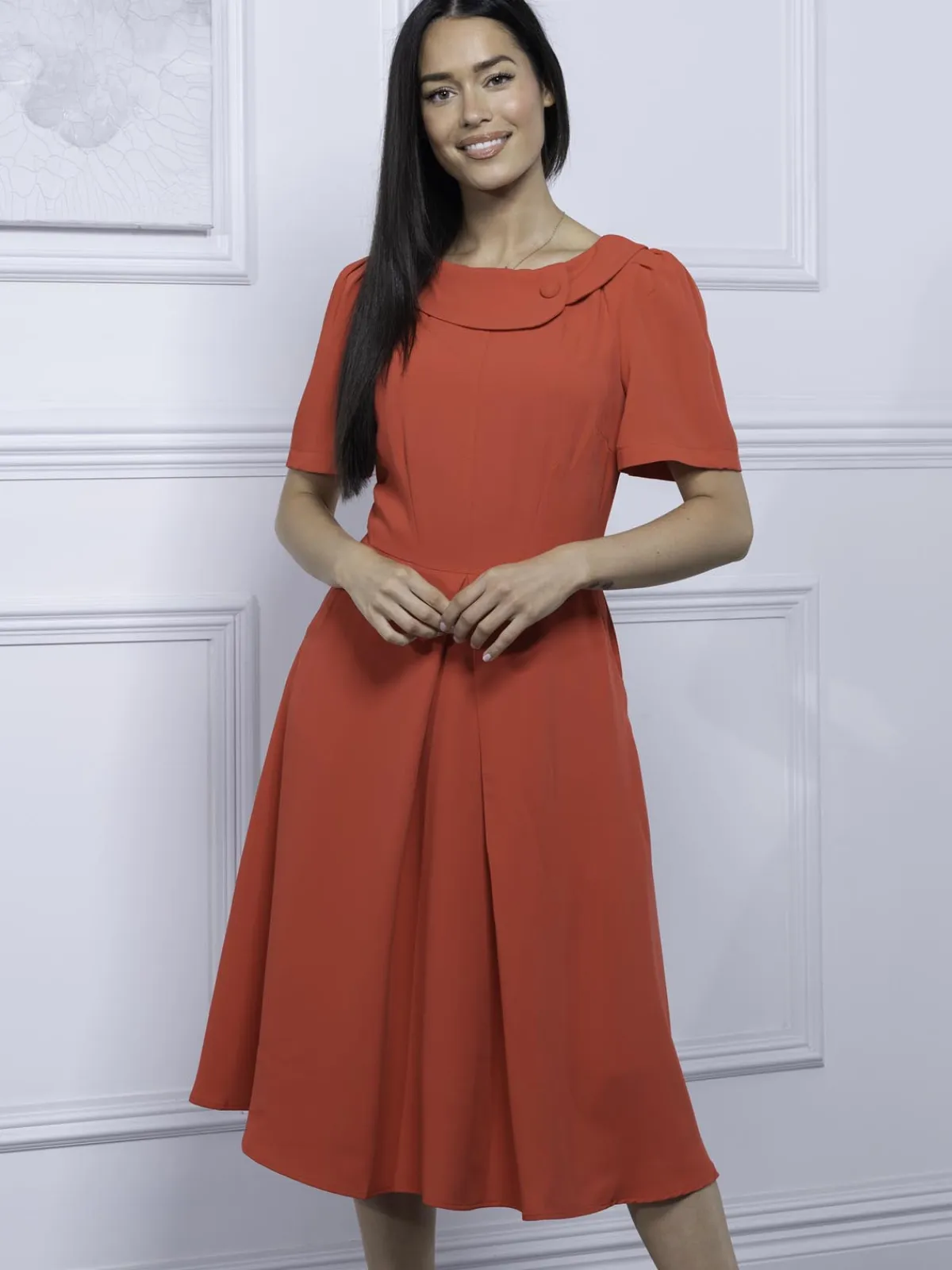 Jolie Moi Occasion Dresses-Debora Button Neck Dress, Red
