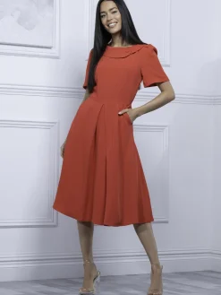Jolie Moi Occasion Dresses-Debora Button Neck Dress, Red