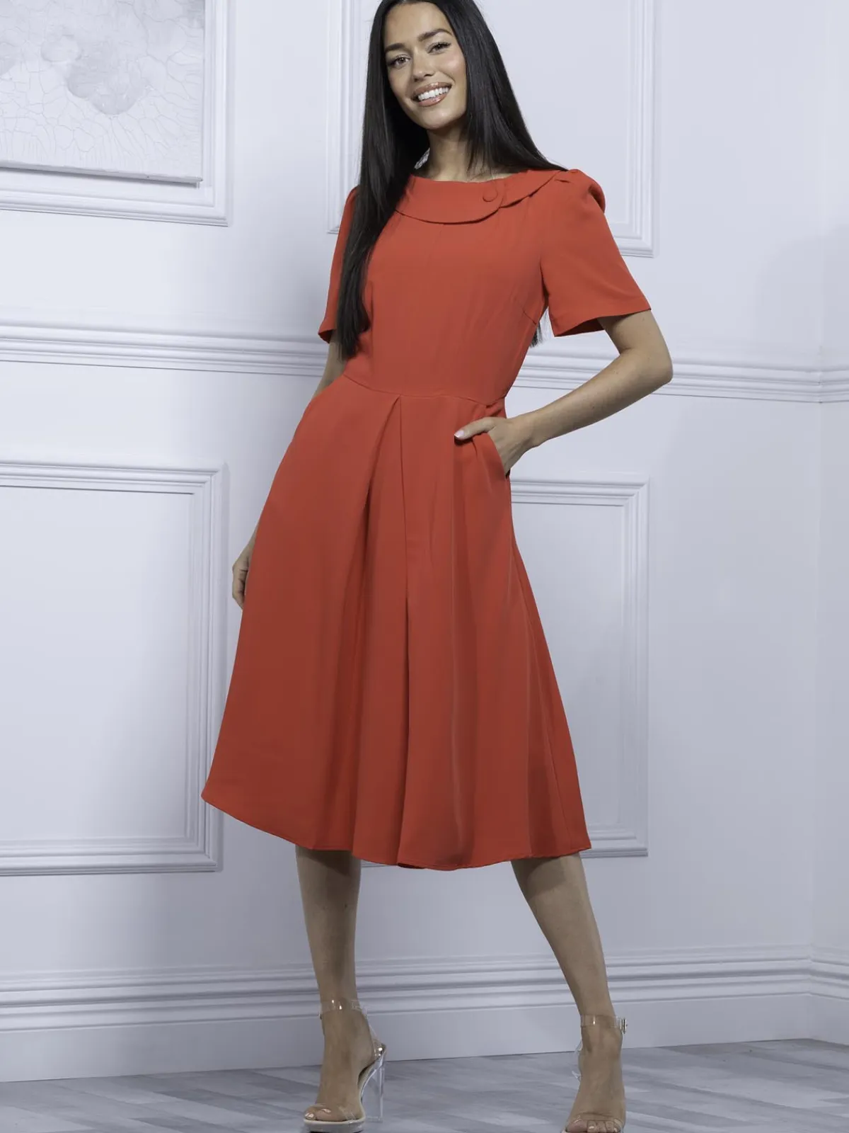 Jolie Moi Occasion Dresses-Debora Button Neck Dress, Red