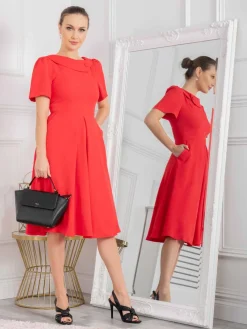 Jolie Moi Occasion Dresses-Debora Button Neck Dress, Red