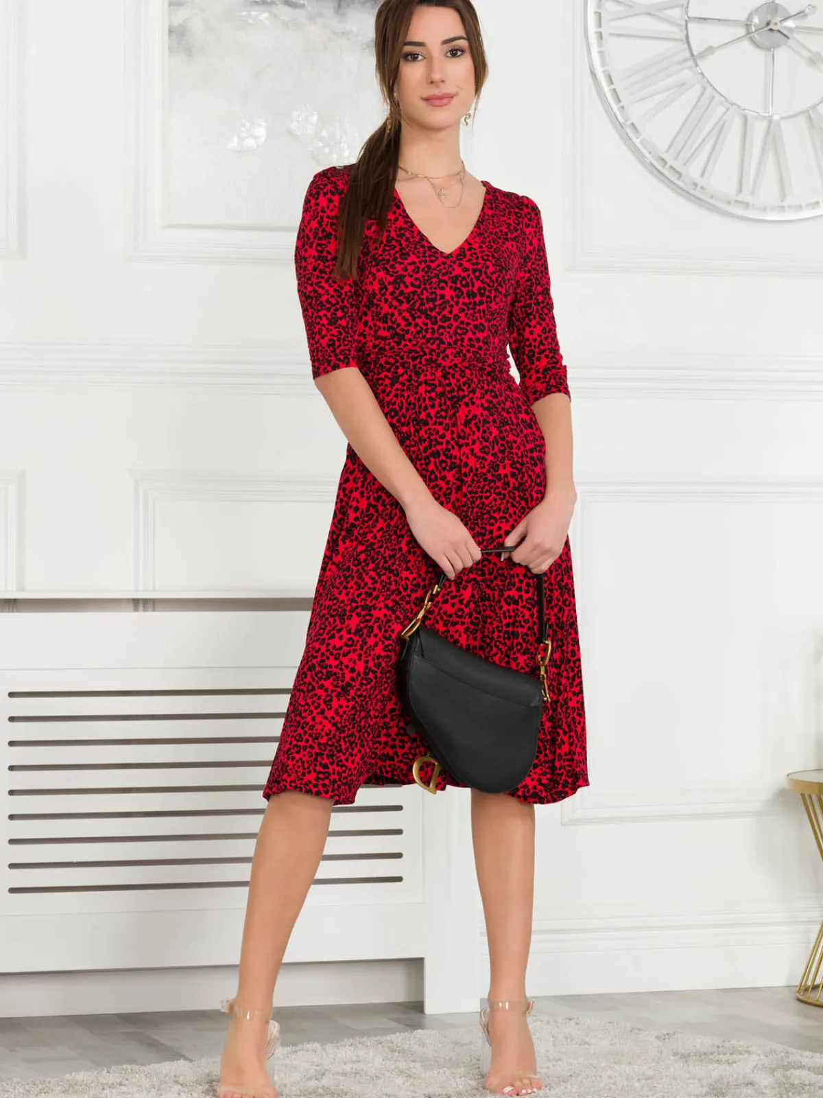 Jolie Moi Occasion Dresses|Jersey Dresses-Delylah V Neck Midi Dress, Red Animal