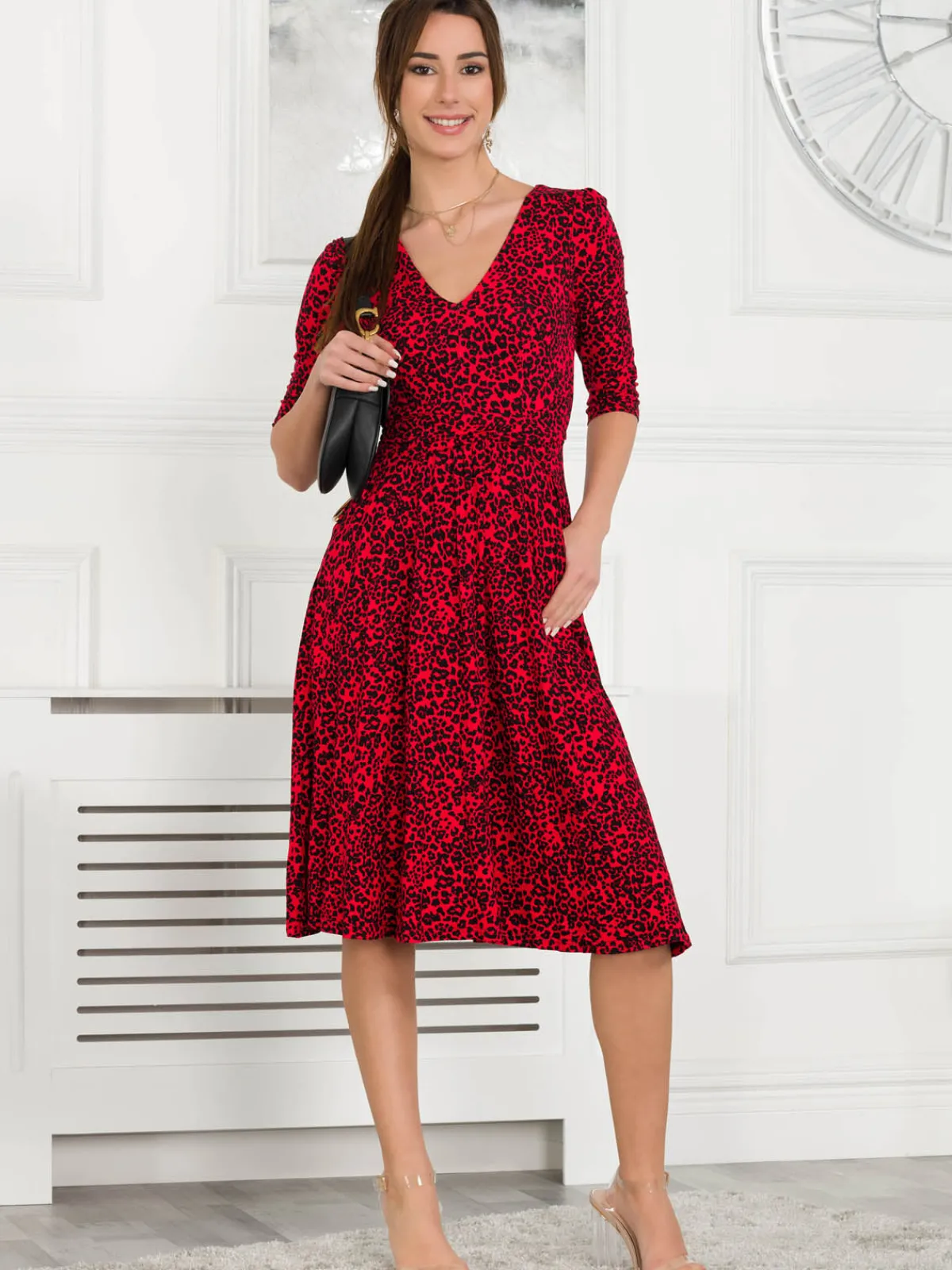 Jolie Moi Occasion Dresses|Jersey Dresses-Delylah V Neck Midi Dress, Red Animal