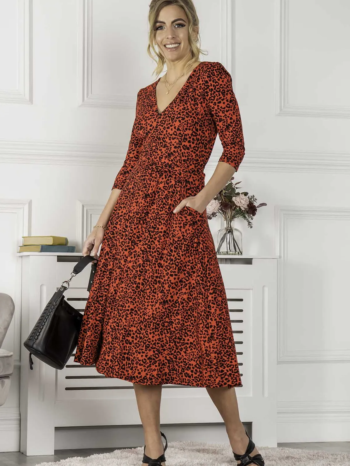 Jolie Moi Occasion Dresses|Jersey Dresses-Delylah V Neck Midi Dress, Red Animal
