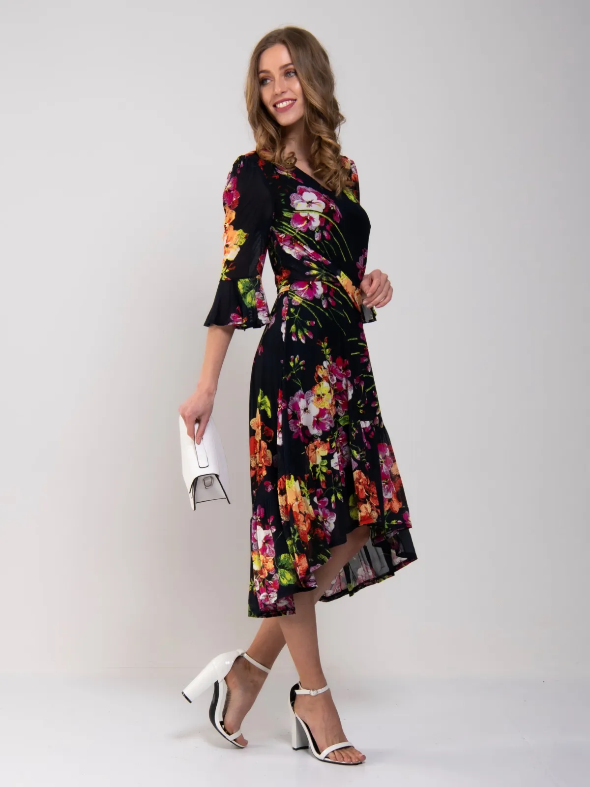 Jolie Moi Occasion Dresses|Floral Dresses-Dipped Hem Mesh Midi Dress, Navy Floral