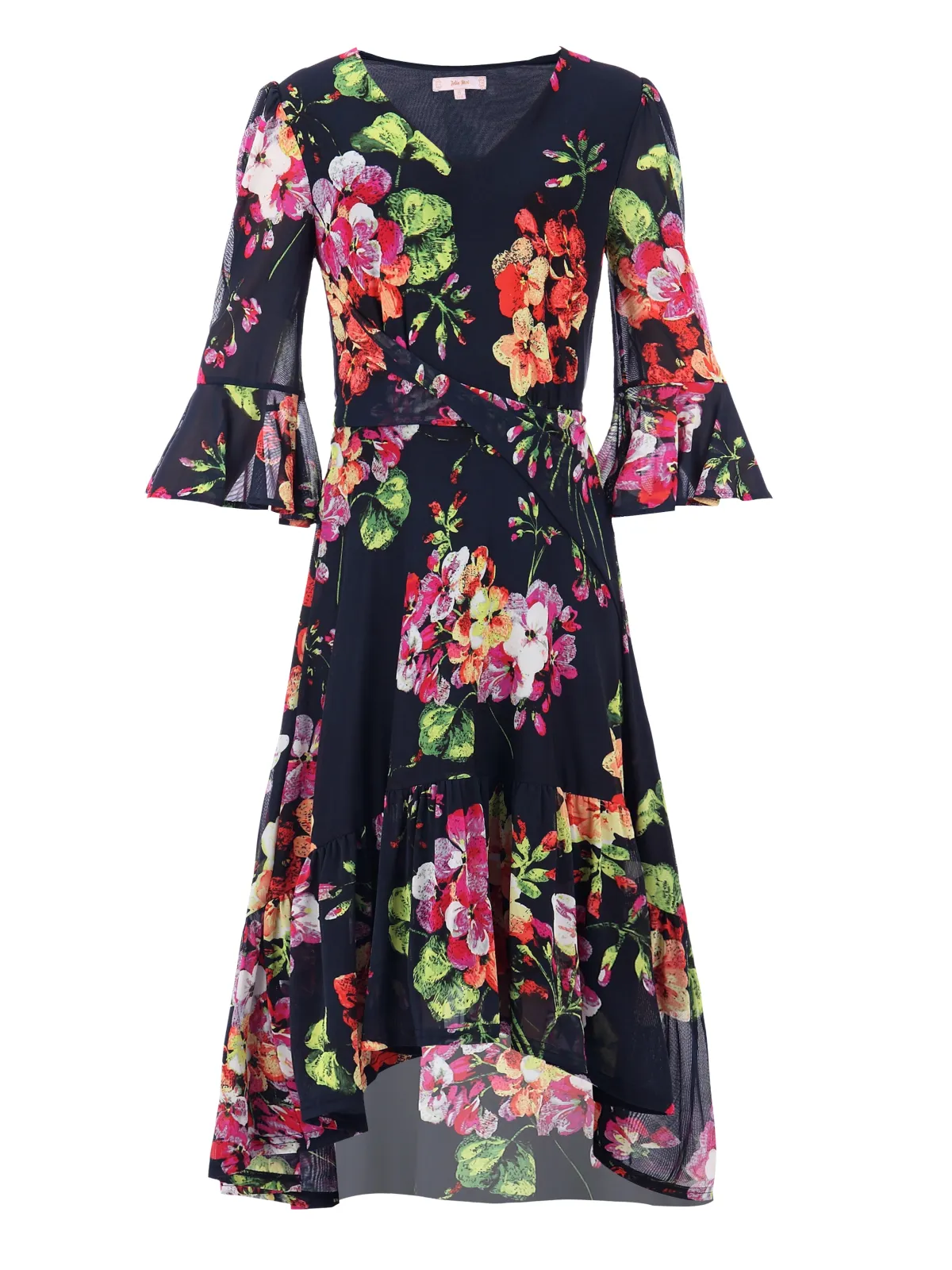 Jolie Moi Occasion Dresses|Floral Dresses-Dipped Hem Mesh Midi Dress, Navy Floral