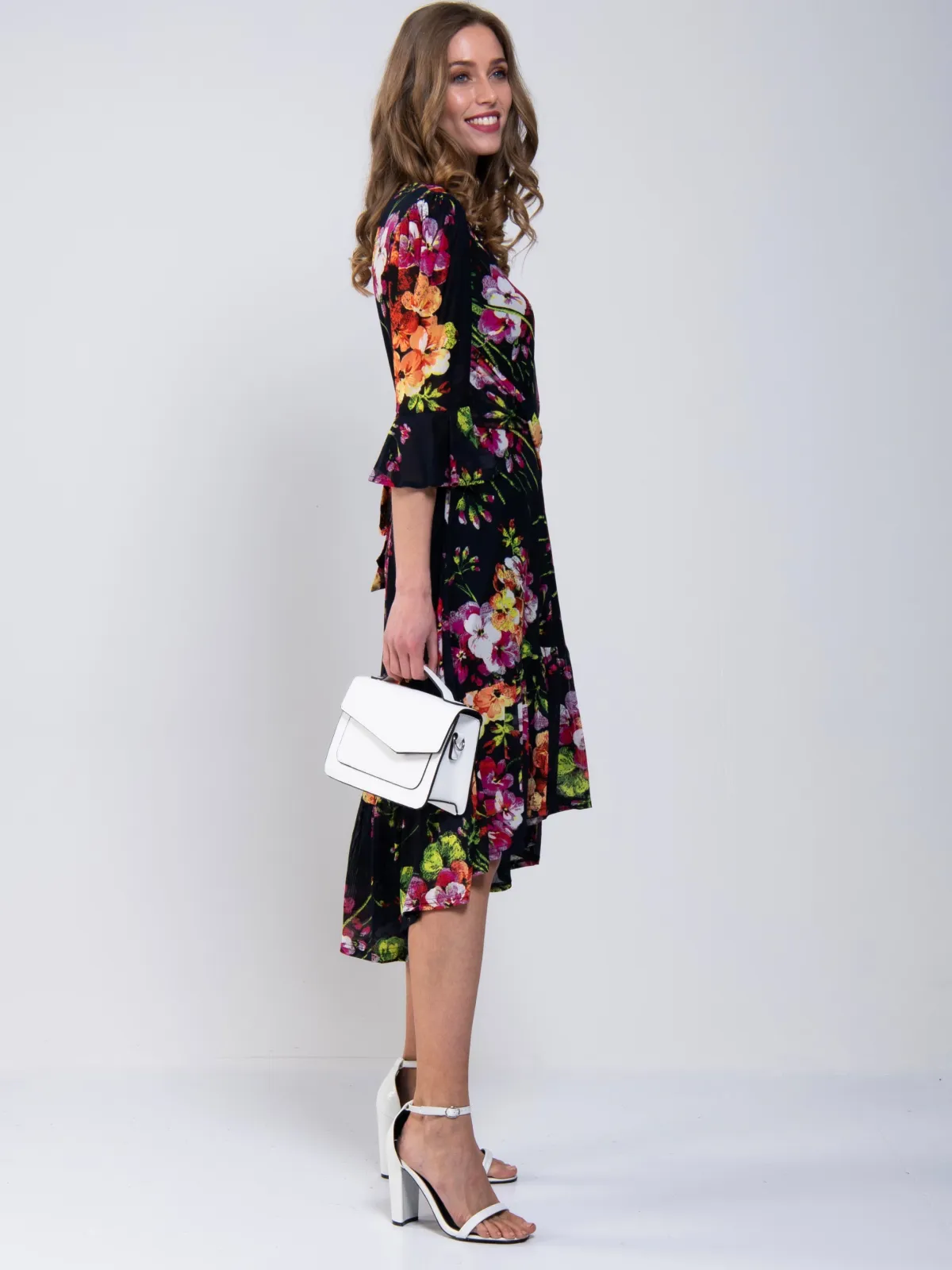 Jolie Moi Occasion Dresses|Floral Dresses-Dipped Hem Mesh Midi Dress, Navy Floral