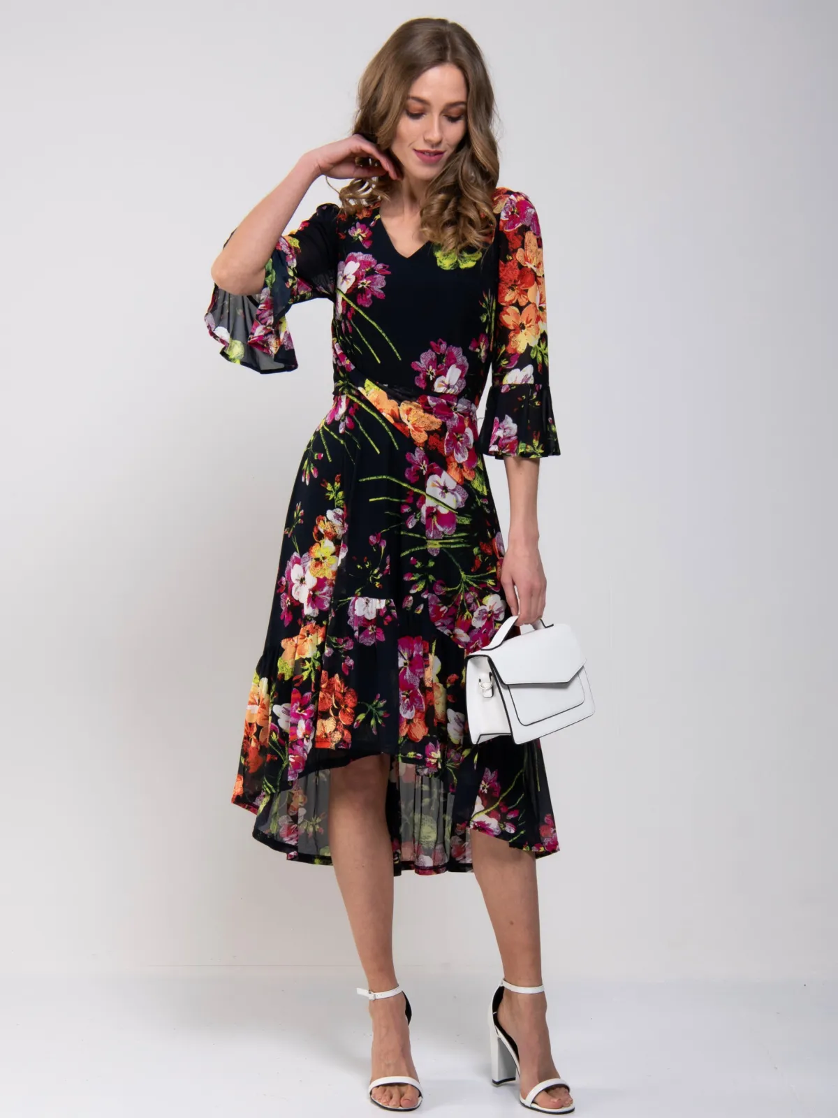 Jolie Moi Occasion Dresses|Floral Dresses-Dipped Hem Mesh Midi Dress, Navy Floral