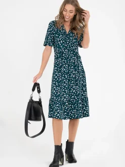 Jolie Moi Occasion Dresses|Office Dresses-Dixie Animal Print Twist Front Midi Dress, Green Animal