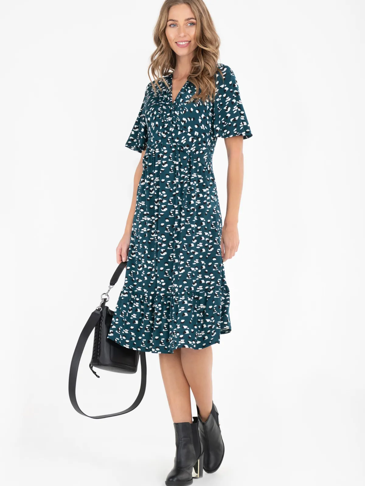 Jolie Moi Occasion Dresses|Office Dresses-Dixie Animal Print Twist Front Midi Dress, Green Animal