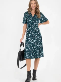 Jolie Moi Occasion Dresses|Office Dresses-Dixie Animal Print Twist Front Midi Dress, Green Animal