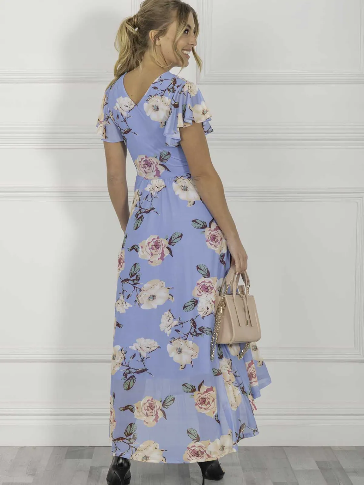 Jolie Moi Occasion Dresses|Floral Dresses-Eliza Dip Hem Mesh Maxi Dress, Blue Floral