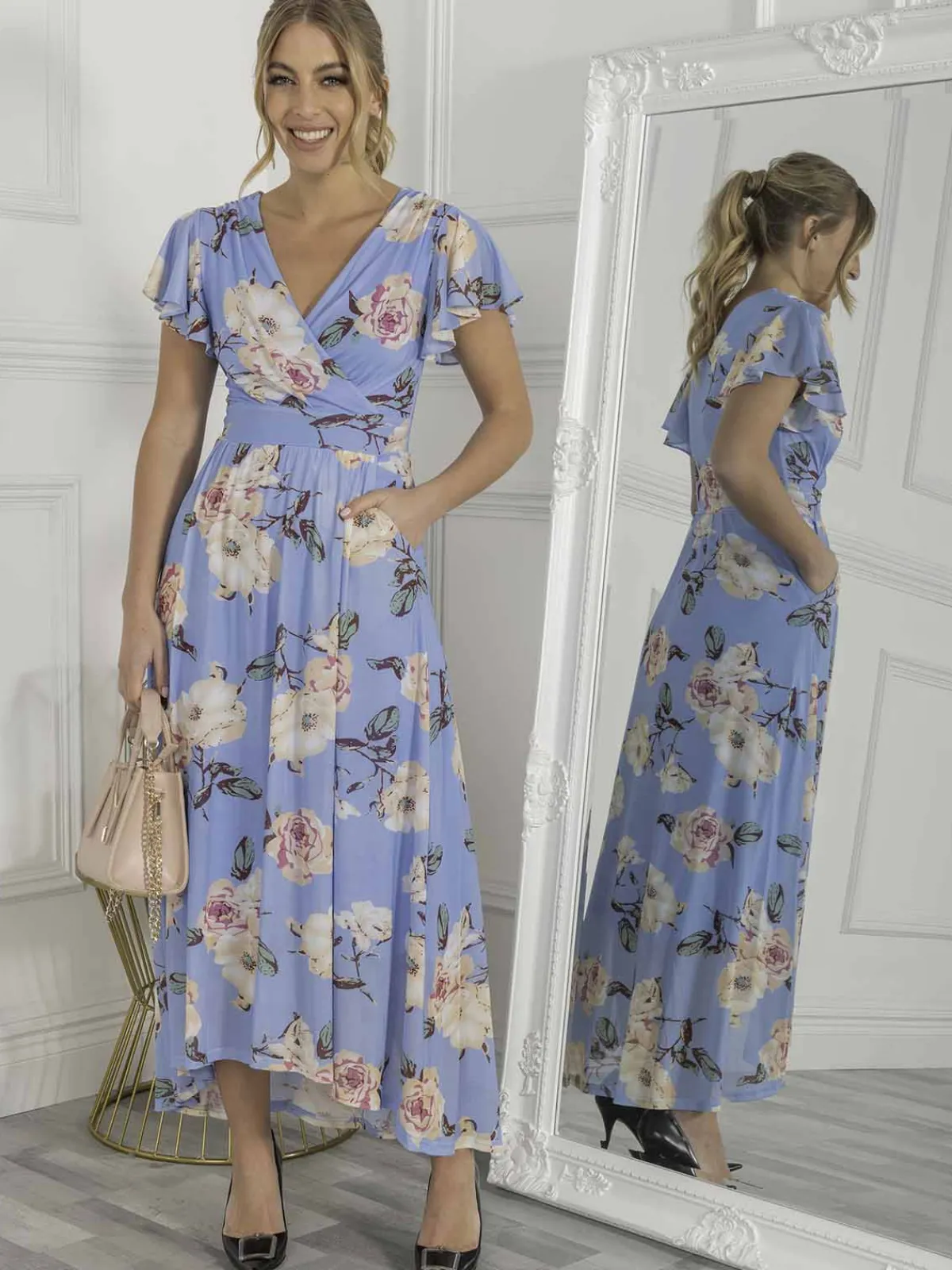 Jolie Moi Occasion Dresses|Floral Dresses-Eliza Dip Hem Mesh Maxi Dress, Blue Floral