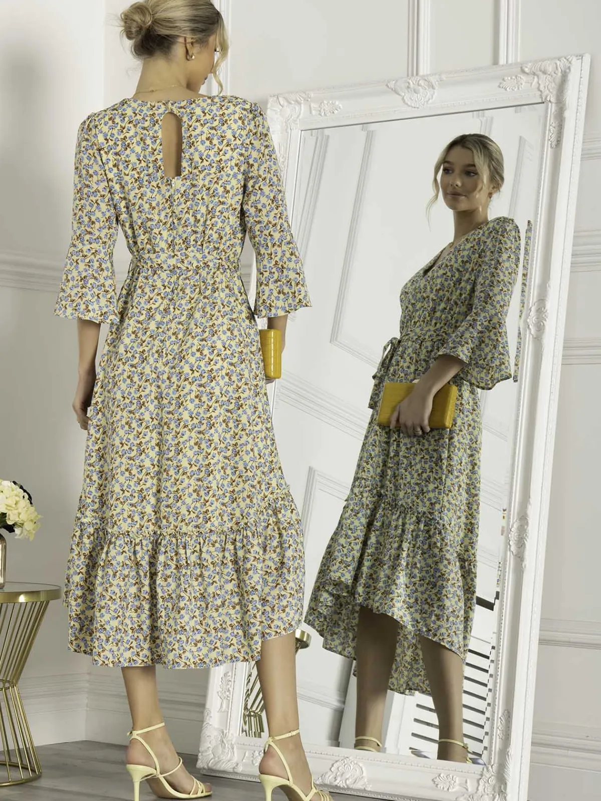 Jolie Moi Occasion Dresses|Weekend Casuals-Geelan Tiered Hem Maxi Dress, Yellow Floral