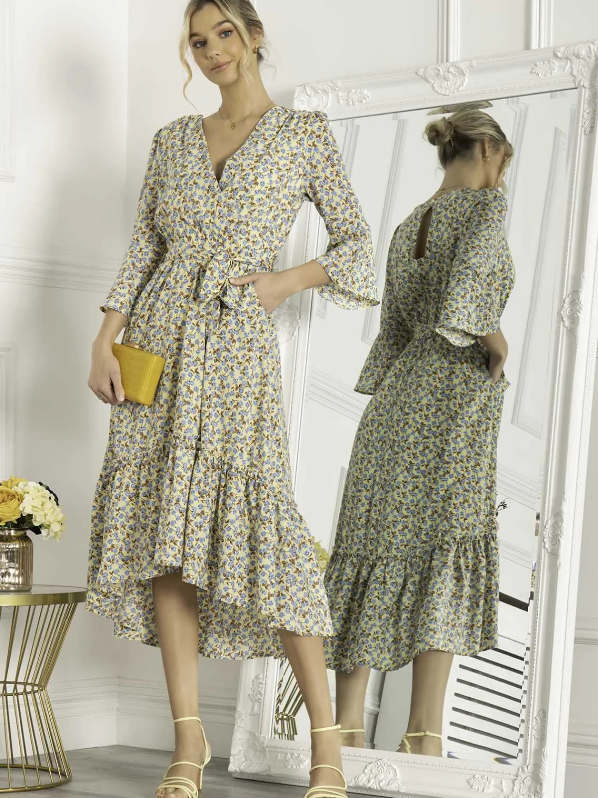 Jolie Moi Occasion Dresses|Weekend Casuals-Geelan Tiered Hem Maxi Dress, Yellow Floral