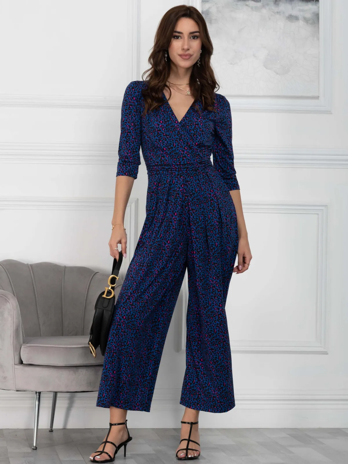 Jolie Moi Wrap Dresses|Weekend Casuals-Giselle Wrap Front Jumpsuit, Blue Animal