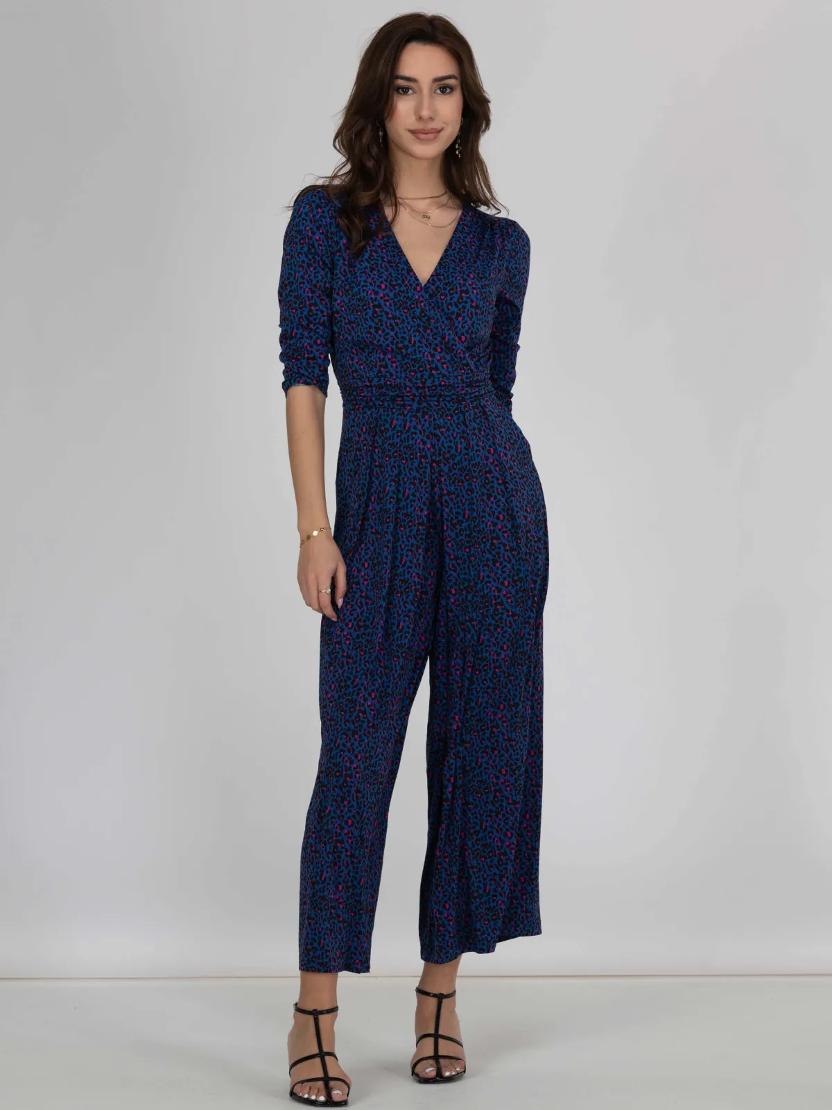 Jolie Moi Wrap Dresses|Weekend Casuals-Giselle Wrap Front Jumpsuit, Blue Animal