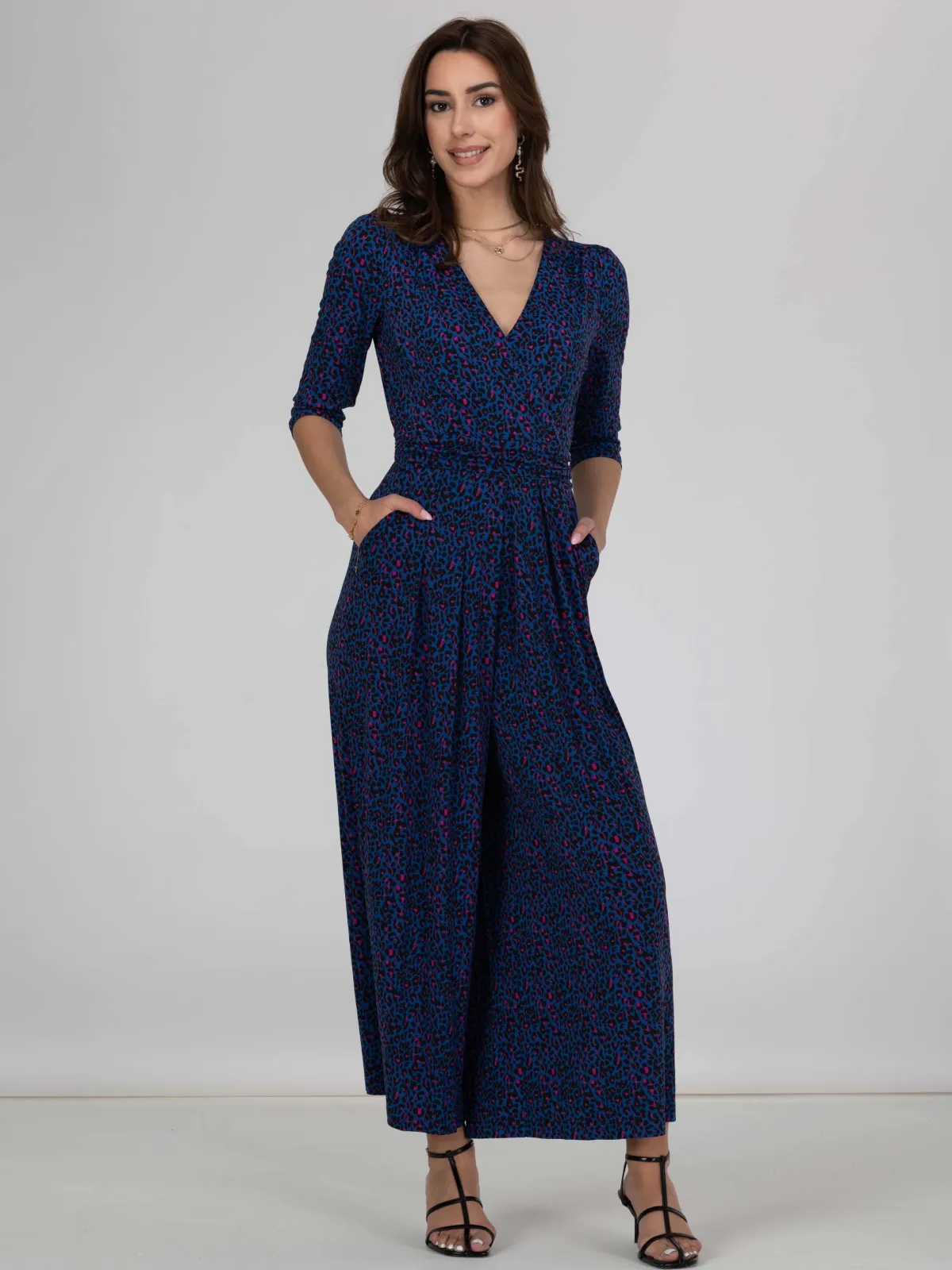 Jolie Moi Wrap Dresses|Weekend Casuals-Giselle Wrap Front Jumpsuit, Blue Animal