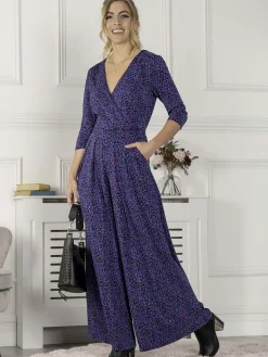 Jolie Moi Wrap Dresses|Weekend Casuals-Giselle Wrap Front Jumpsuit, Blue Animal