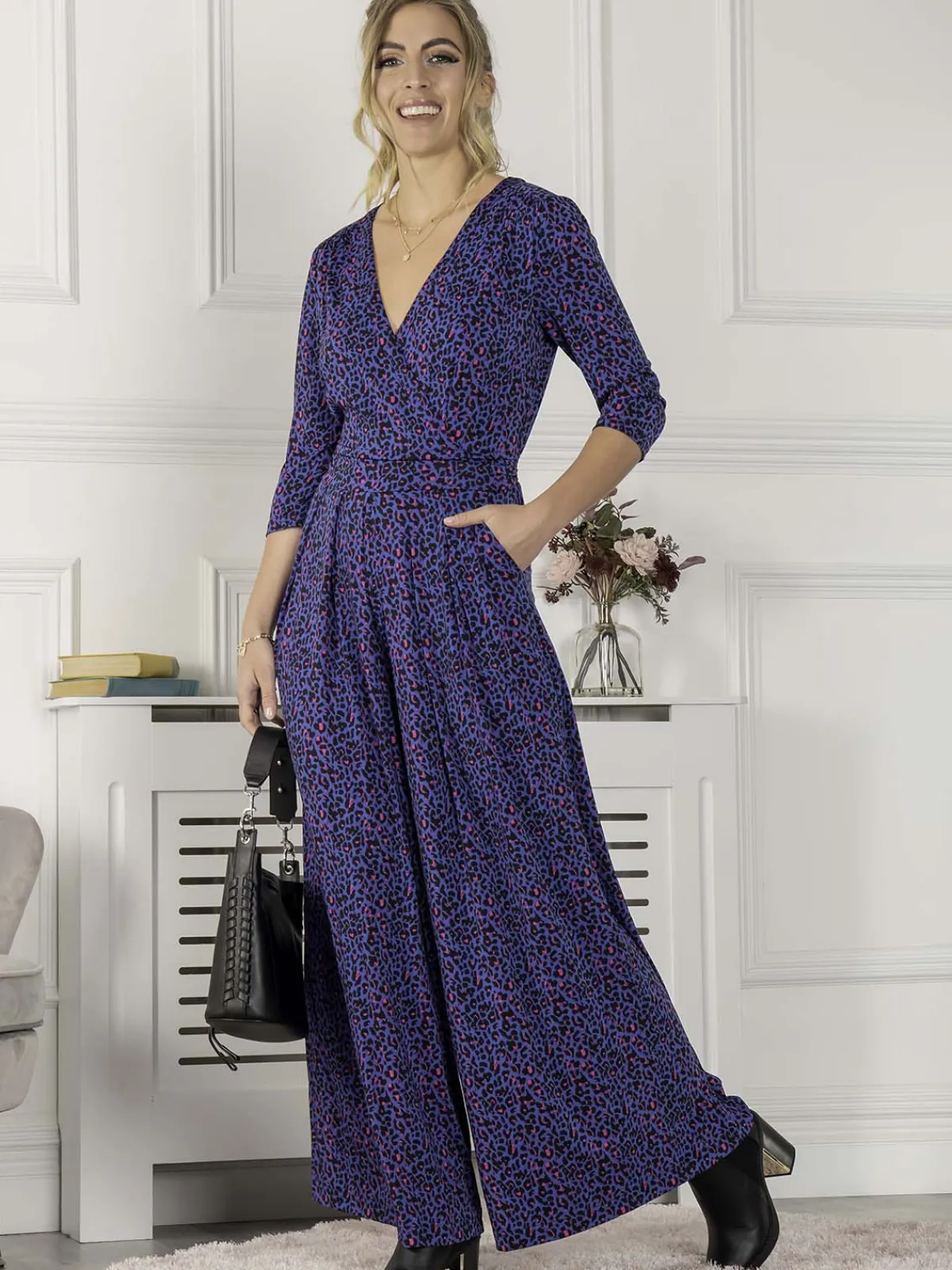 Jolie Moi Wrap Dresses|Weekend Casuals-Giselle Wrap Front Jumpsuit, Blue Animal