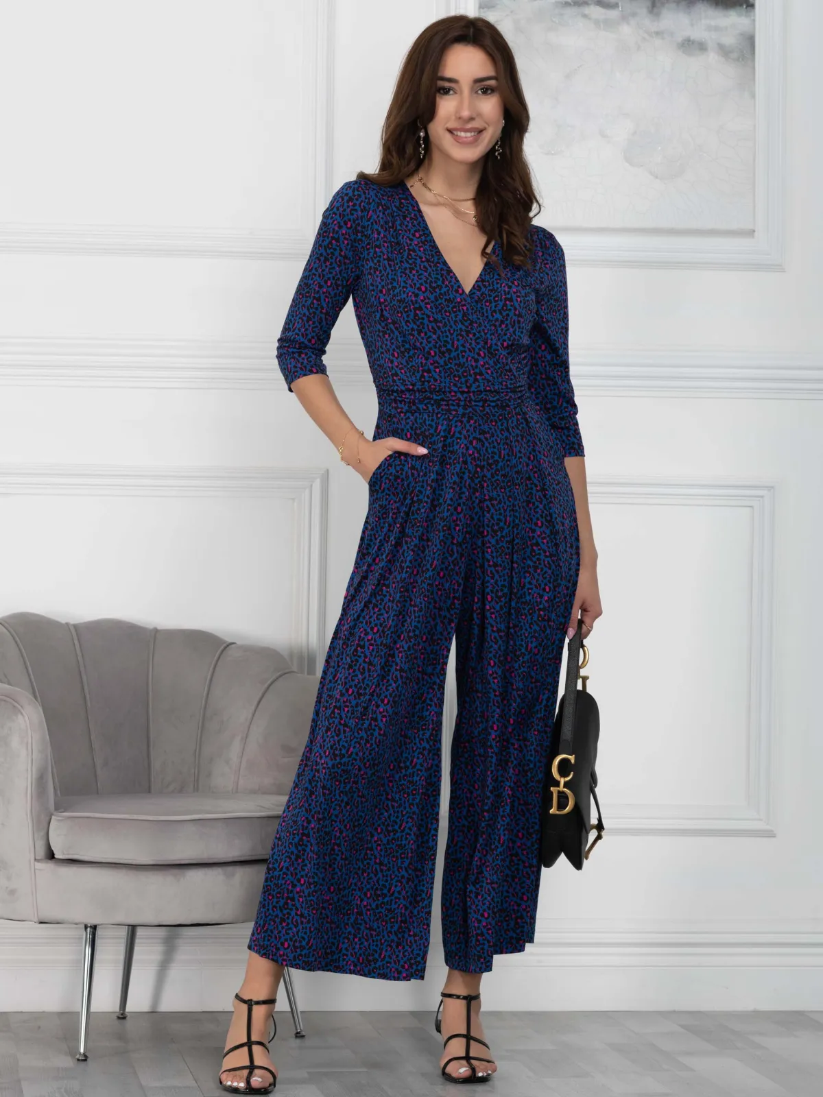 Jolie Moi Wrap Dresses|Weekend Casuals-Giselle Wrap Front Jumpsuit, Blue Animal