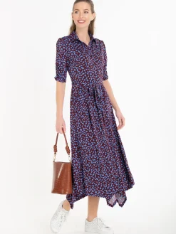 Jolie Moi Jersey Dresses|Shirt Dresses-Handkerchief Hem Shirt Dress, Burgundy Multi
