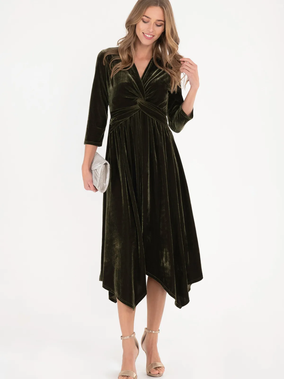 Jolie Moi Occasion Dresses|Velvet Dresses-Hanky Midi Velvet Dress, Soldier Green