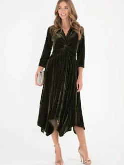 Jolie Moi Occasion Dresses|Velvet Dresses-Hanky Midi Velvet Dress, Soldier Green