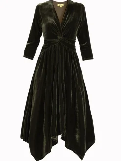 Jolie Moi Occasion Dresses|Velvet Dresses-Hanky Midi Velvet Dress, Soldier Green
