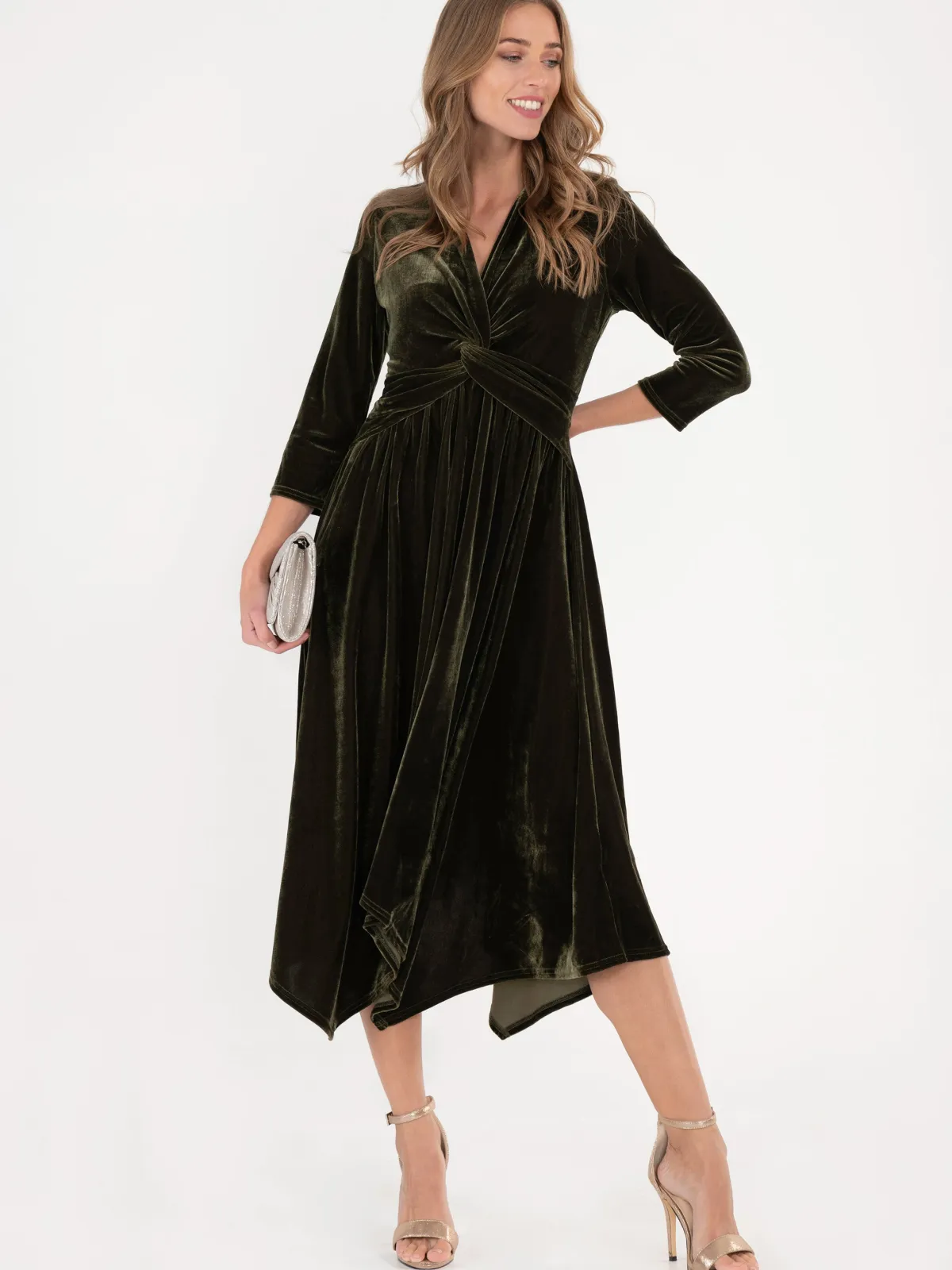 Jolie Moi Occasion Dresses|Velvet Dresses-Hanky Midi Velvet Dress, Soldier Green