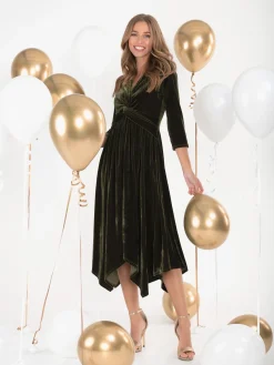 Jolie Moi Occasion Dresses|Velvet Dresses-Hanky Midi Velvet Dress, Soldier Green