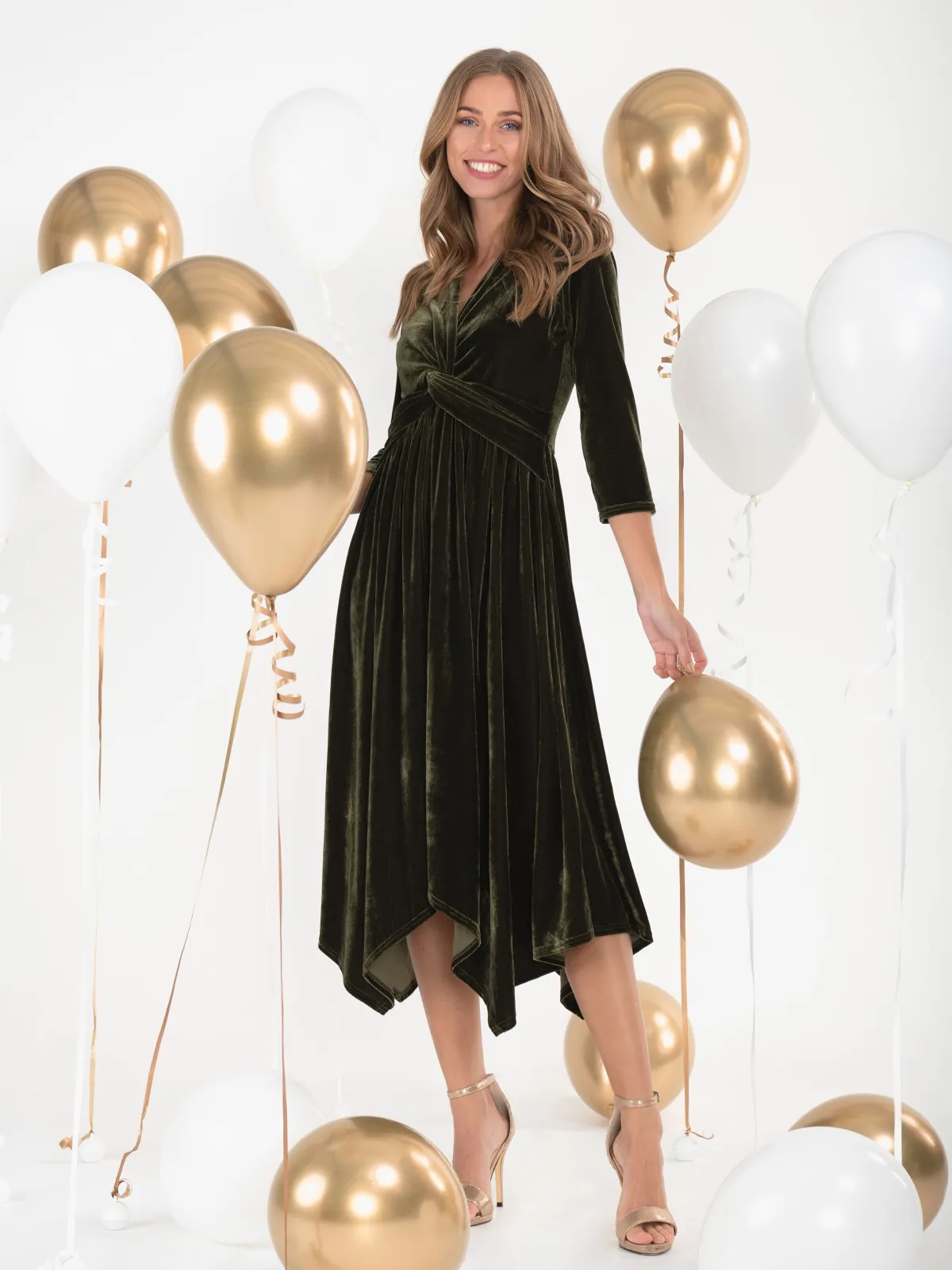 Jolie Moi Occasion Dresses|Velvet Dresses-Hanky Midi Velvet Dress, Soldier Green