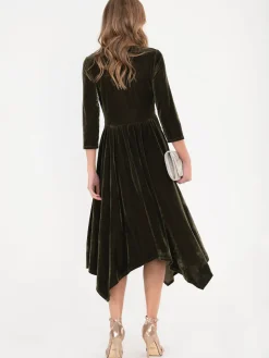 Jolie Moi Occasion Dresses|Velvet Dresses-Hanky Midi Velvet Dress, Soldier Green