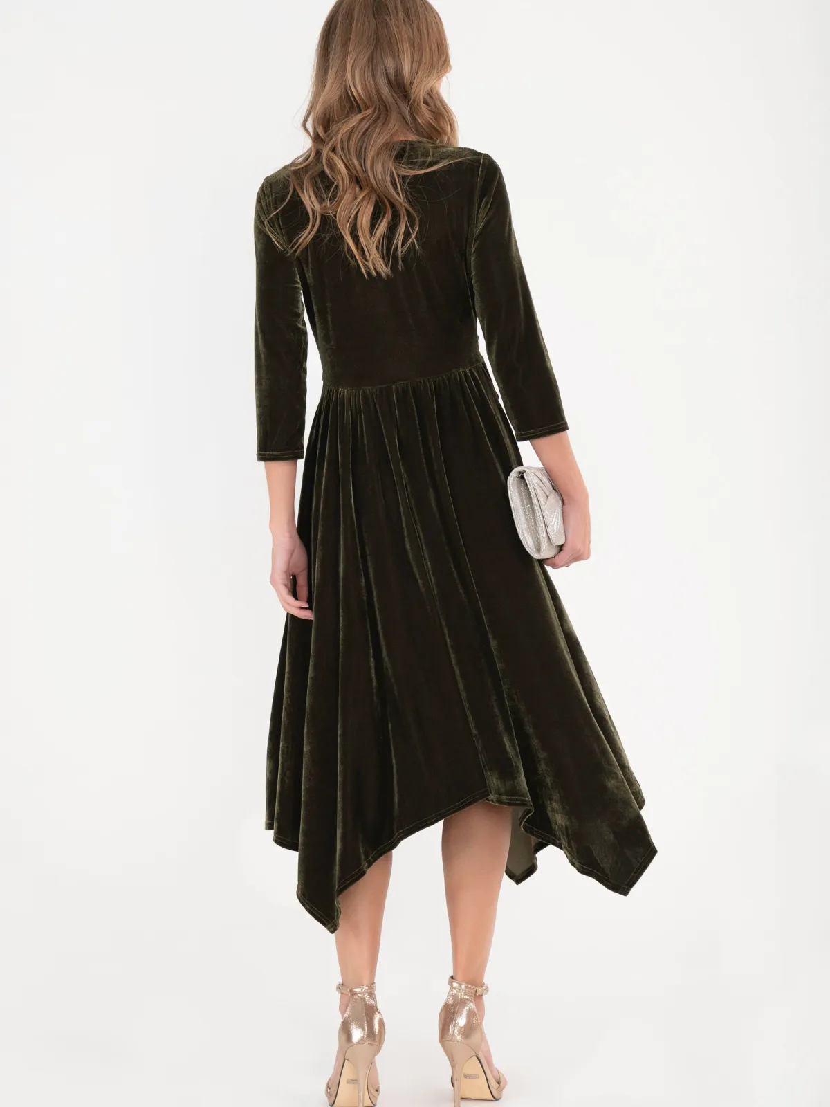 Jolie Moi Occasion Dresses|Velvet Dresses-Hanky Midi Velvet Dress, Soldier Green