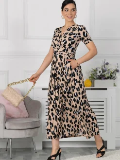 Jolie Moi Occasion Dresses|Jersey Dresses-Kiera Wrap Front Maxi Dress, Camel Animal