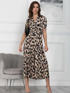 Jolie Moi Occasion Dresses|Jersey Dresses-Kiera Wrap Front Maxi Dress, Camel Animal
