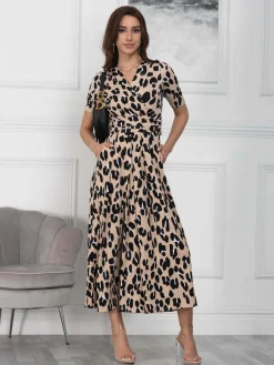 Jolie Moi Occasion Dresses|Jersey Dresses-Kiera Wrap Front Maxi Dress, Camel Animal