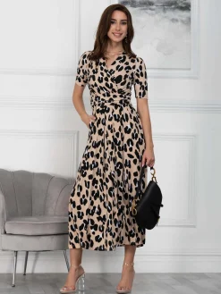 Jolie Moi Occasion Dresses|Jersey Dresses-Kiera Wrap Front Maxi Dress, Camel Animal