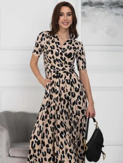 Jolie Moi Occasion Dresses|Jersey Dresses-Kiera Wrap Front Maxi Dress, Camel Animal