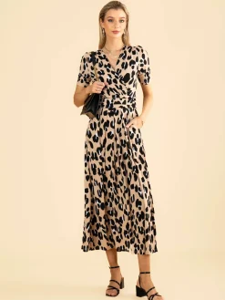 Jolie Moi Occasion Dresses|Jersey Dresses-Kiera Wrap Front Maxi Dress, Camel Animal