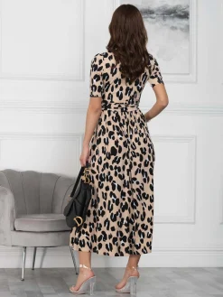 Jolie Moi Occasion Dresses|Jersey Dresses-Kiera Wrap Front Maxi Dress, Camel Animal