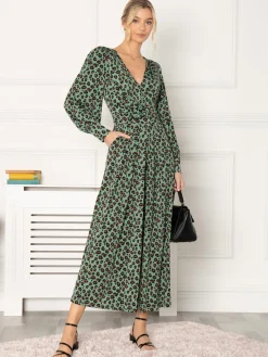 Jolie Moi Weekend Casuals|Jumpsuits-Kylie Long Sleeve Jumpsuit, Green Animal