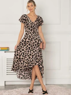Jolie Moi Occasion Dresses|Animal Print Dresses-Luciana Frilly Dipped Hem Dress, Pink Animal