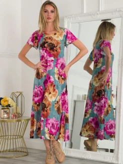 Jolie Moi Weekend Casuals|Maxi Dresses-Printed Cap Sleeve Dress, Blue Floral